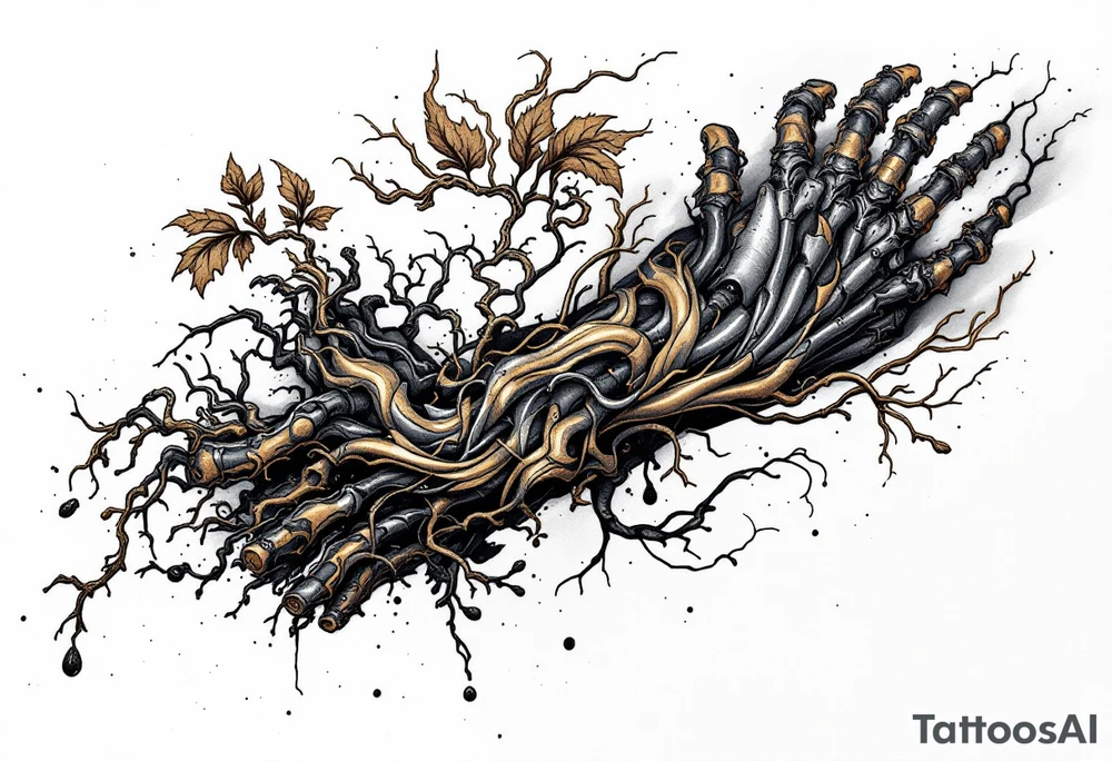 A fusion design of organic tendons and metallic elements in jet black and bronze, blending with skin through shadowed transitions. tattoo idea