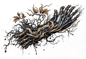 A fusion design of organic tendons and metallic elements in jet black and bronze, blending with skin through shadowed transitions. tattoo idea