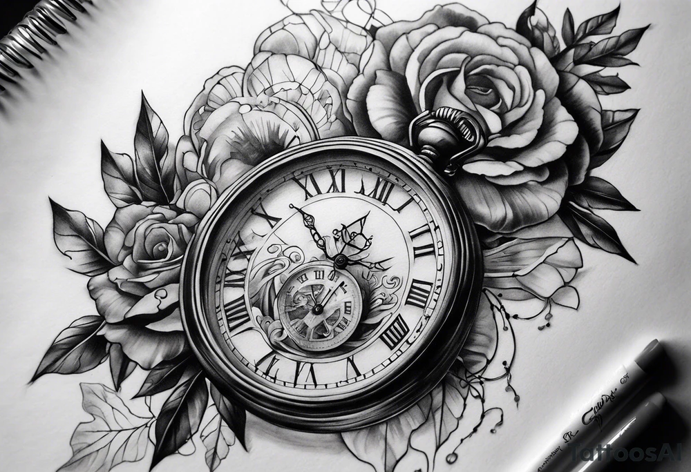 Dessine-moi un tattoo représentant une horloge intégrée à un sablier . En second plan on retrouve des chiffres romains. Le tatouage et noir et blanc et se porte sur l'épaule gauche tattoo idea