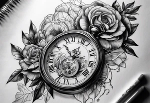 Dessine-moi un tattoo représentant une horloge intégrée à un sablier . En second plan on retrouve des chiffres romains. Le tatouage et noir et blanc et se porte sur l'épaule gauche tattoo idea