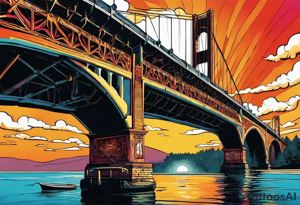 70's poster art, view from under cantilever bridge tattoo idea