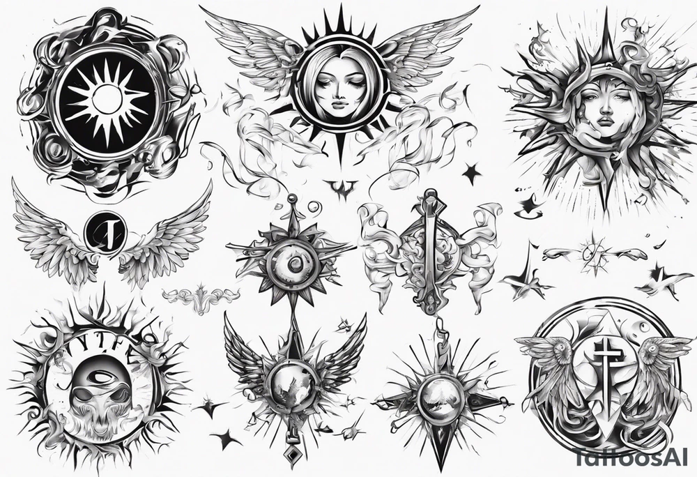 abstraction with sun and letters and angels tattoo idea