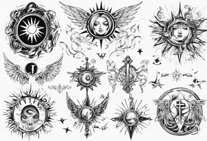 abstraction with sun and letters and angels tattoo idea