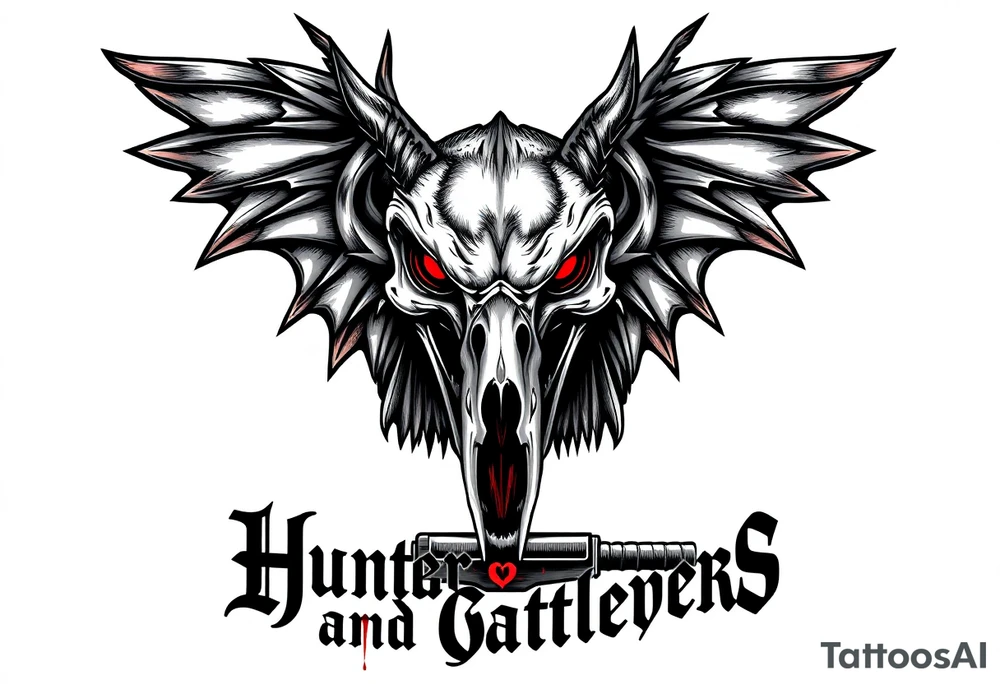 Rabid demon wolf dragon evil eagle's skull on standing on a  futuristic gun sword hatchet are  "hunters and gatherers"written in bloody olde English tattoo idea