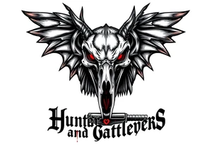 Rabid demon wolf dragon evil eagle's skull on standing on a  futuristic gun sword hatchet are  "hunters and gatherers"written in bloody olde English tattoo idea