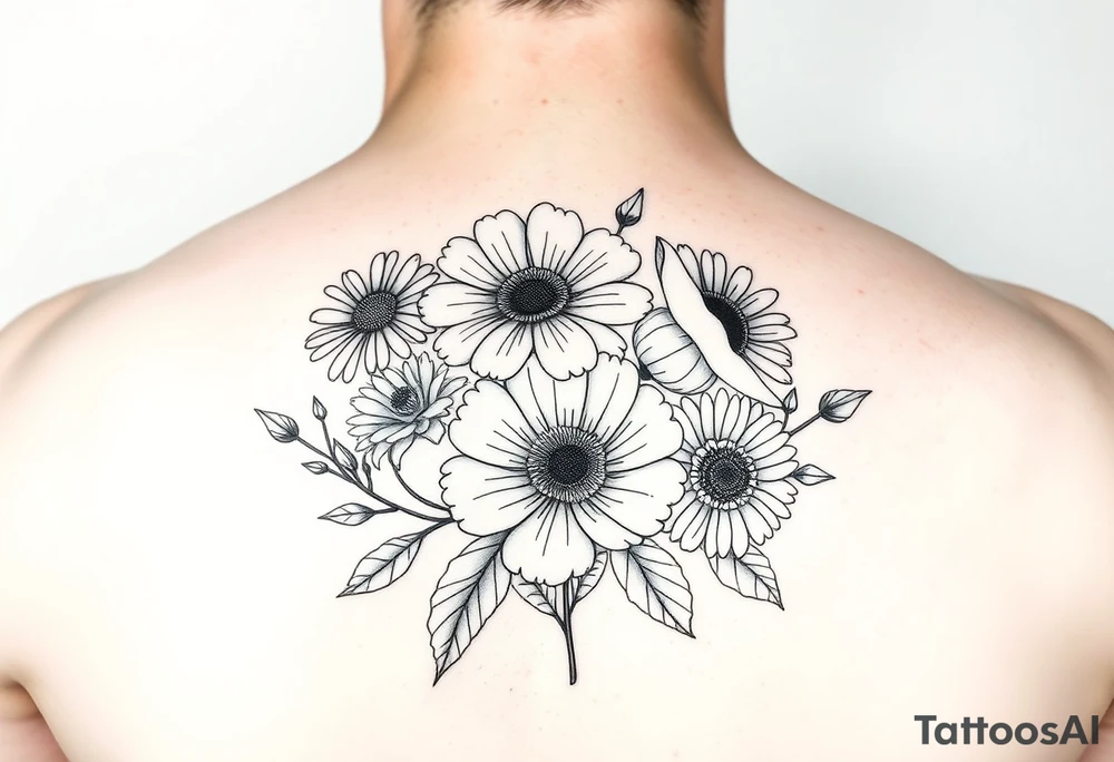 Simple minimalist line tattoo of flower bouquet in order of these flowers, daisy, cosmo, poppy, chrysanthemum, cosmo tattoo idea