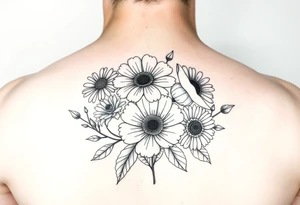 Simple minimalist line tattoo of flower bouquet in order of these flowers, daisy, cosmo, poppy, chrysanthemum, cosmo tattoo idea