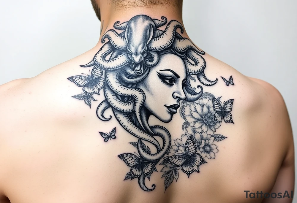 Side portrait of Medusa with snakes heads, floral background and butterflies tattoo idea