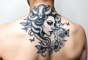 Side portrait of Medusa with snakes heads, floral background and butterflies tattoo idea
