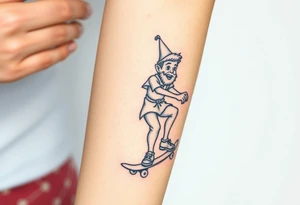 an old bearded peter pan riding a skateboard tattoo idea