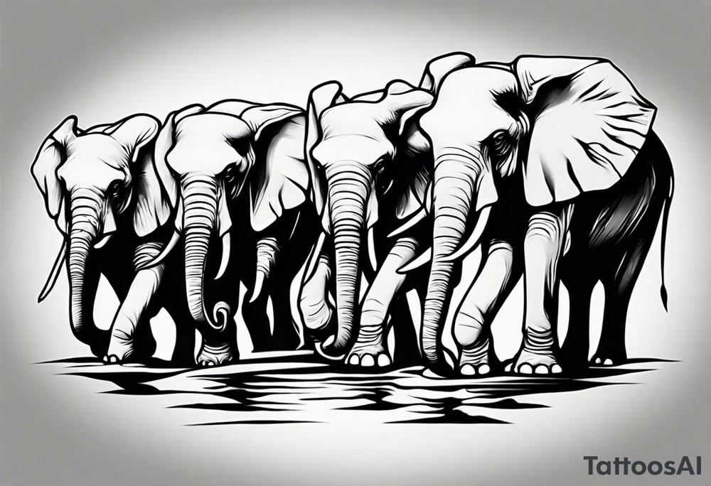 family of 6 elephants walking into sunset tattoo idea