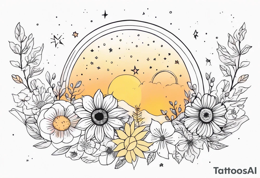 fine line with sun, stars, floral, dots. Sternum tattoo tattoo idea