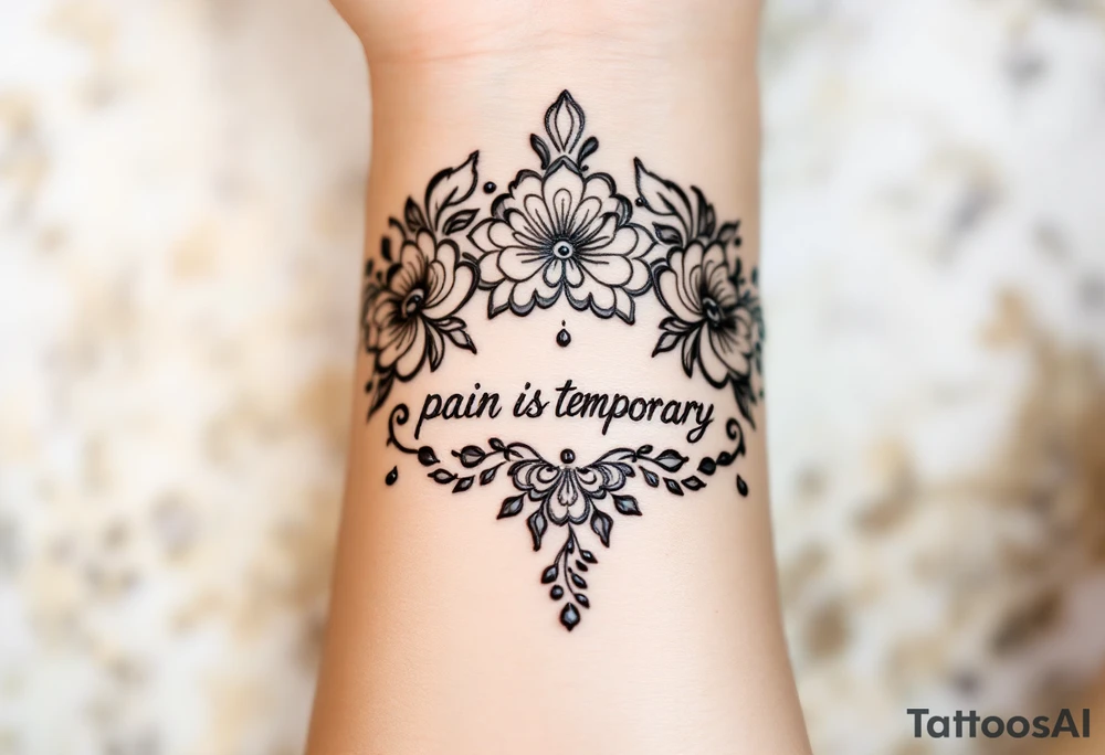 Indian style Henna tattoo for the inner wrist including words pain is temporary. Don’t show the wrist or arm tattoo idea