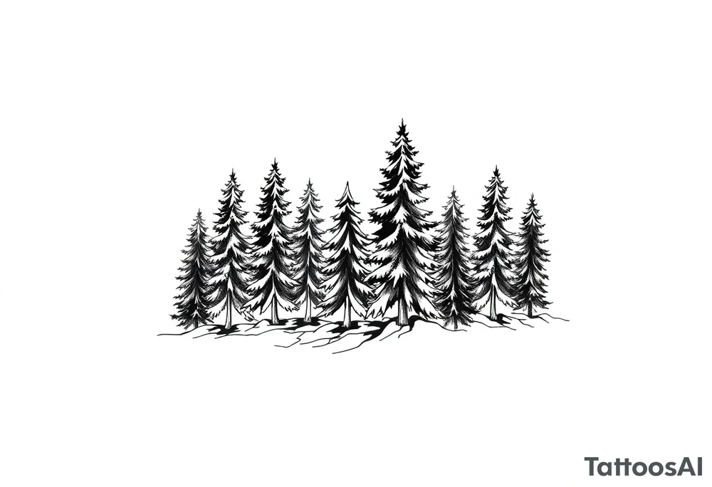 Coniferous forest trees in black and gray tattoo sleeve tattoo idea