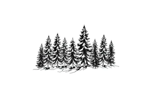 Coniferous forest trees in black and gray tattoo sleeve tattoo idea