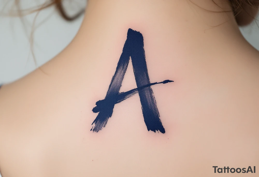 A brushstroke "A" in deep navy blue, fading into a smoky gray. tattoo idea