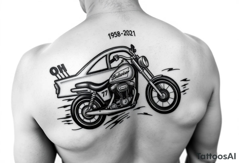 Dale Earnhardt car on it with the year 1958 - 2021 intertwined with a motorcycle with a Budweiser logo on it tattoo idea