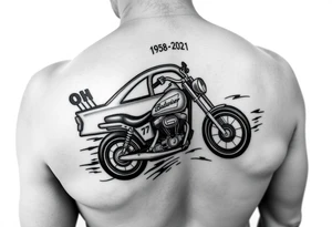 Dale Earnhardt car on it with the year 1958 - 2021 intertwined with a motorcycle with a Budweiser logo on it tattoo idea