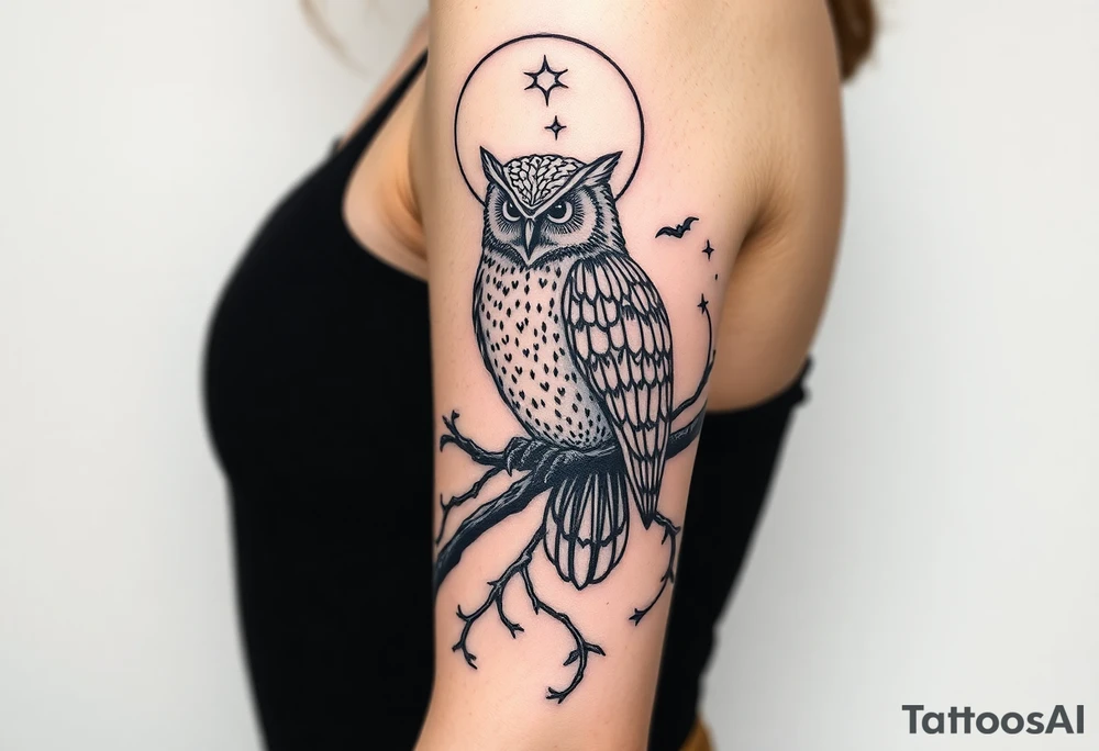 wise owl perched on ancient oak branch under starlit sky tattoo idea