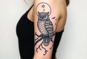 wise owl perched on ancient oak branch under starlit sky tattoo idea