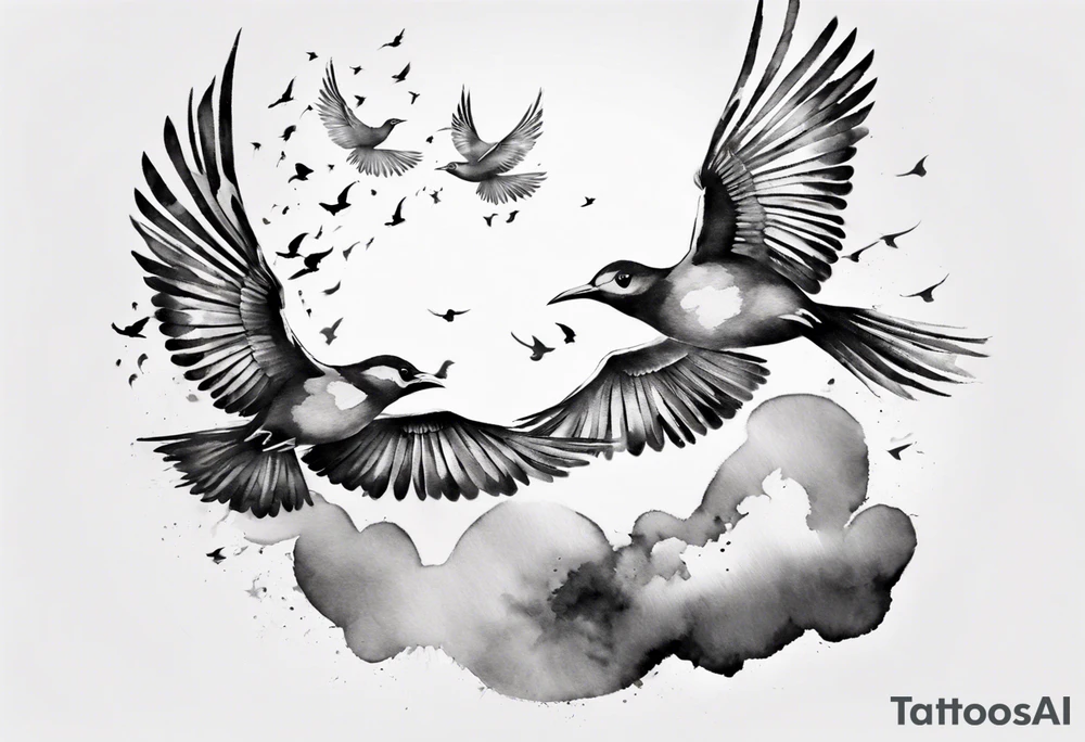 shoulder tattoo with light rays with birds flying free among the clouds, round shape, 3d effect tattoo idea
