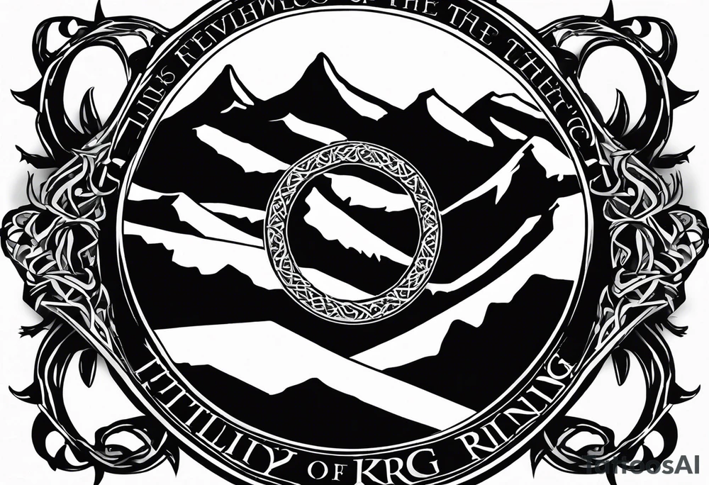 lord of the rings ring lettering with mountains above it and silhouette image of the fellowship of the ring on their travels under that tattoo idea