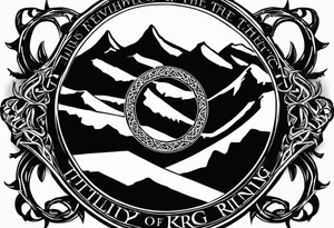 lord of the rings ring lettering with mountains above it and silhouette image of the fellowship of the ring on their travels under that tattoo idea