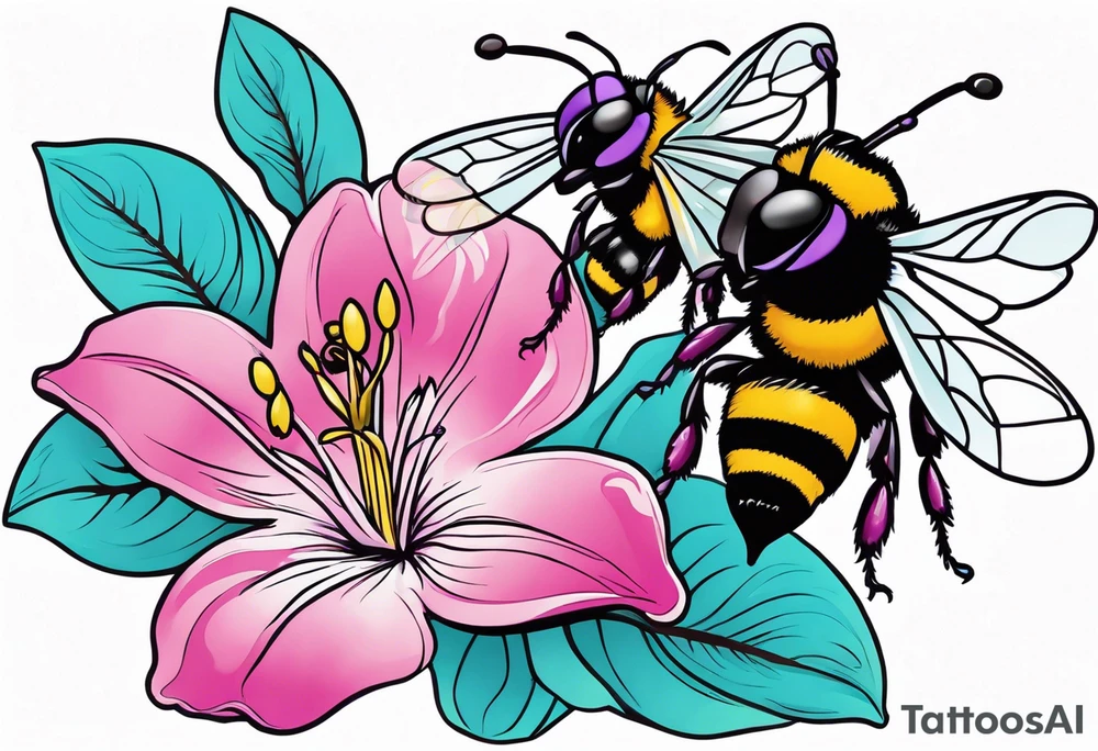 A beautiful detailed pink, purple, and teal Hawaiian jasmine flower with 2 tiny adorable baby bumblebees landing on the petals tattoo idea