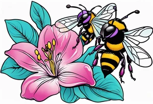 A beautiful detailed pink, purple, and teal Hawaiian jasmine flower with 2 tiny adorable baby bumblebees landing on the petals tattoo idea