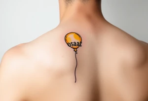small yellow balloon with letters osaat on bicep tattoo idea