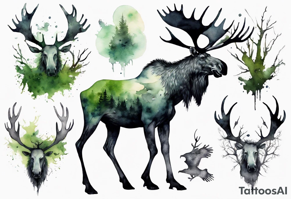 a giant moose covered in moss, ghostly crows perched on his antlers tattoo idea