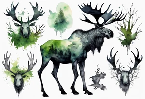 a giant moose covered in moss, ghostly crows perched on his antlers tattoo idea