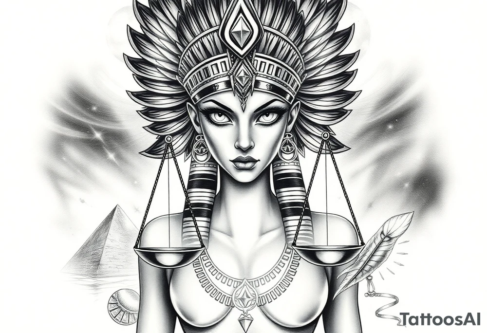 Beautiful Egyptian goddess woman, depicted as a regal woman with an ostrich feather headdress, intense glowing eyes, and intricate ancient Egyptian jewelry. She stands or floats amidst swirling cosmic energy and beams of light, with subtle hieroglyphics and pyramids in the background. Incorporate the Scales of Justice—one side holding a heart, the other Ma’at’s feather—glowing with ethereal energy. Emphasize dramatic lighting, deep shadows, and surreal, mystical atmosphere to match a sleeve with Anubis and cosmic motifs. Design should flow with existing sleeve art, using soft transitions and layered textures. tattoo idea