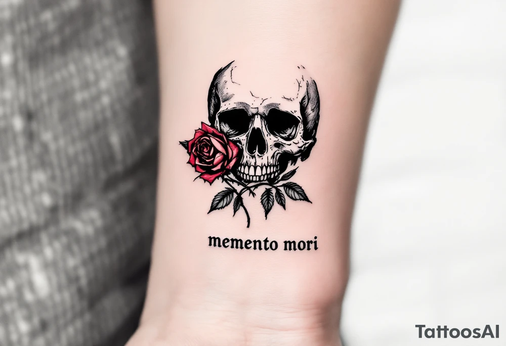 A black and gray skull with a wilted red rose wrapped around it, the quote "memento mori" etched beneath in classic serif script. tattoo idea