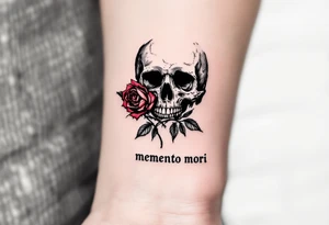 A black and gray skull with a wilted red rose wrapped around it, the quote "memento mori" etched beneath in classic serif script. tattoo idea