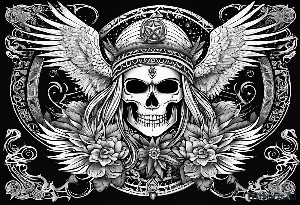 black kali, goddess pirate, alien, pachamama, valkrye, warrior, skull, lotus azul, wing, eagle, zenza resonance, stars, 5D tattoo idea