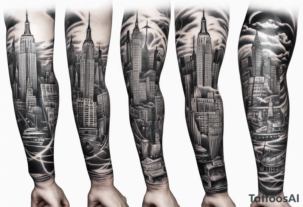 full arm sleeve tattoo based on new york city tattoo idea