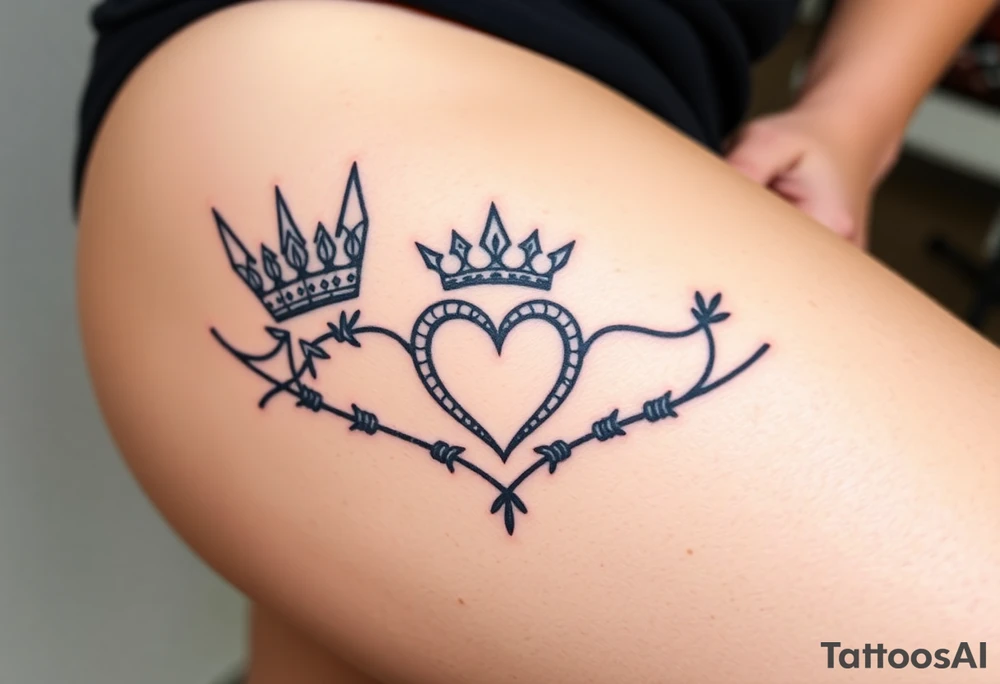 Powerful, crown, queen, broken heart, barb wire tattoo idea