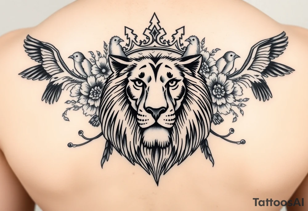 powerful majestic lion with a crown, surrounded by floral ornaments and birds tattoo idea