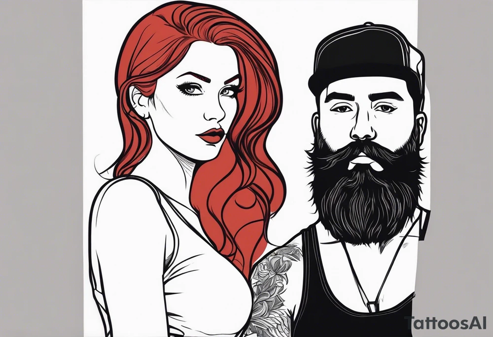 Busty red haired woman with a bearded man who has black hair tattoo idea
