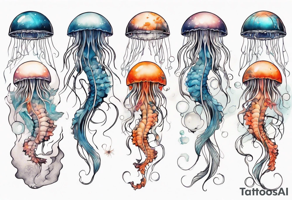 1 jellyfish with the moon in the lid. Then with koi carp swimming amongst the tentacles tattoo idea
