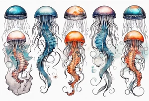 1 jellyfish with the moon in the lid. Then with koi carp swimming amongst the tentacles tattoo idea