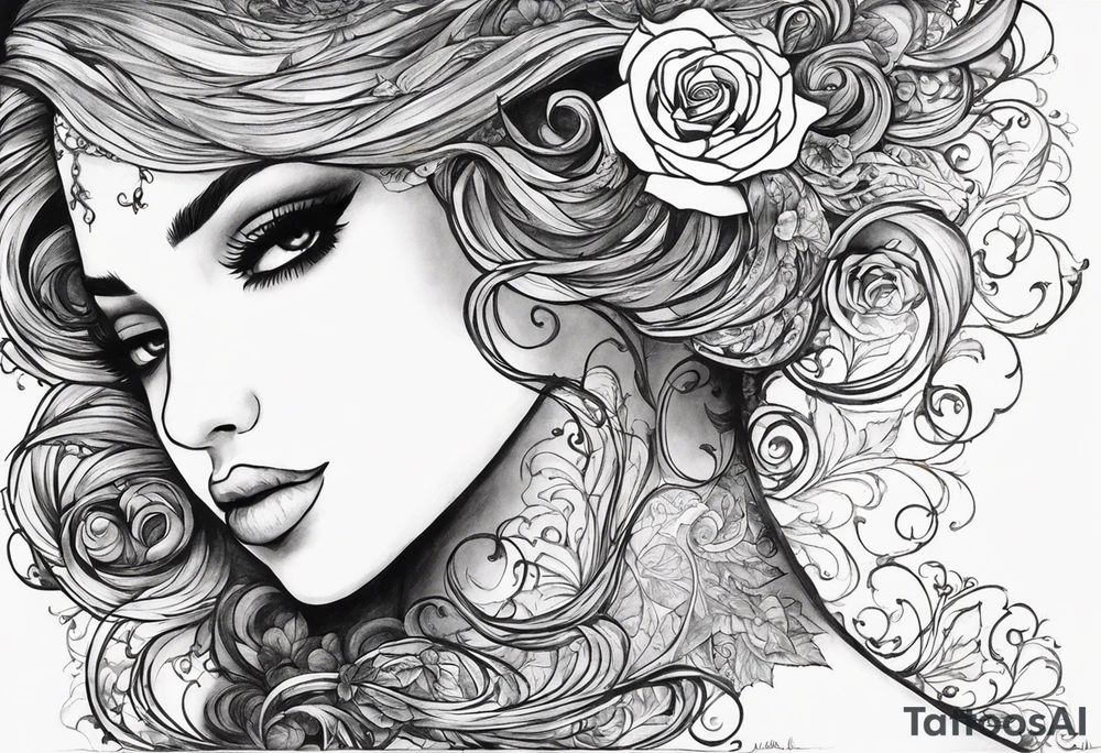 I want a left arm tattoo that starts halfway down upper arm and continuing about 3” past elbow. I want to use a pic of a face. I want the left half of person’s face to be a skeleton. I want long curls cascading from the head that wrap around elbow with roses with thorns intertwined in the curls. I would like a blood teardrop on the skeleton side of face. I would like a left hand with red polish on nails and a skeleton left hand with the pinky fingers of each hand to be interlaced. I can send a pic of the face. tattoo idea