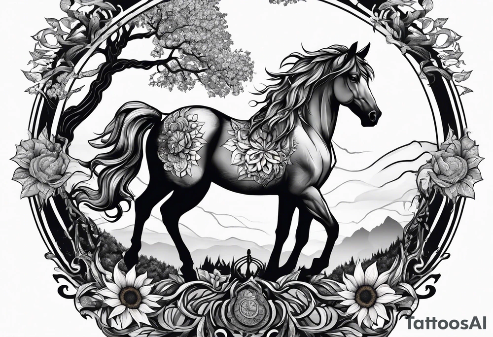 Yggdrasil tree, horse, sunflower tattoo idea