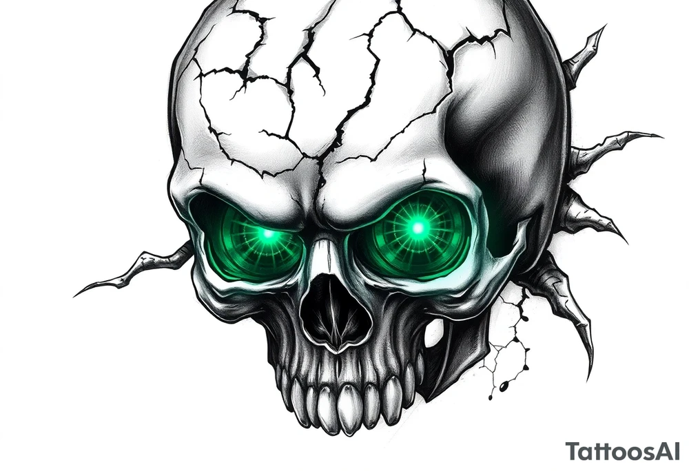 Close-up of a cracked skull with glowing emerald eyes, dark fantasy art. tattoo idea