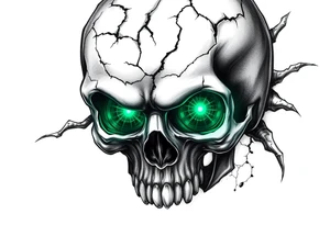 Close-up of a cracked skull with glowing emerald eyes, dark fantasy art. tattoo idea