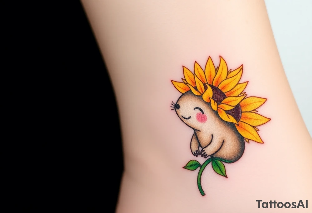 A joyful mole wearing a sunflower as a hat, with warm yellows, deep greens, and soft brown tones tattoo idea