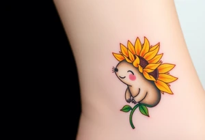 A joyful mole wearing a sunflower as a hat, with warm yellows, deep greens, and soft brown tones tattoo idea