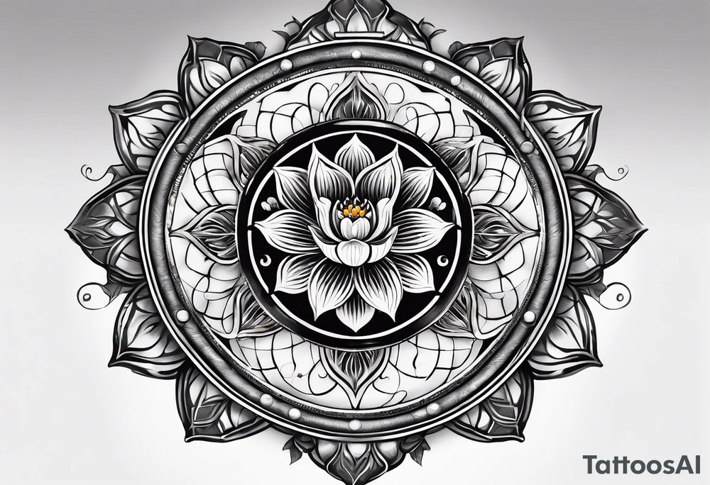 Dharma wheel with dumbbell and a lotus flower intertwined tattoo idea