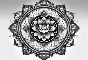 Dharma wheel with dumbbell and a lotus flower intertwined tattoo idea